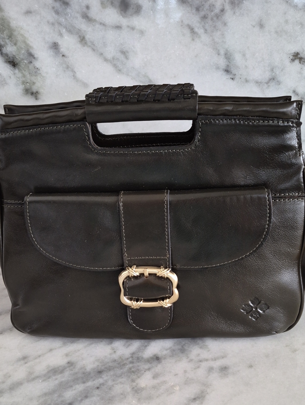 Patricia Nash Ovodda Dark Olive Leather Satchel with Gold Buckle Accent